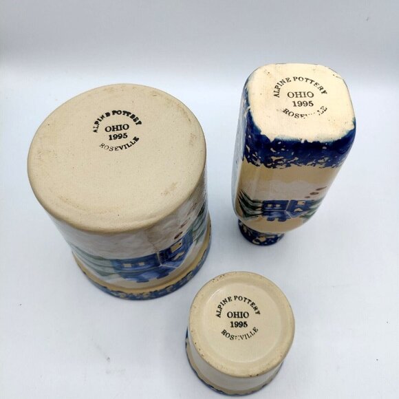 Alpine Pottery Ohio 1995 Blue Snow Cottage Hand Painted Winter Decor Set - Picture 2 of 11